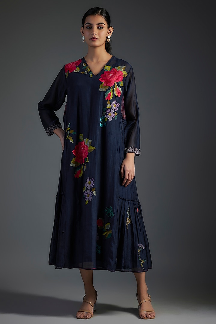 Blue Fine Chanderi Embroidered Midi Dress by Half Full Curve at Pernia's Pop Up Shop