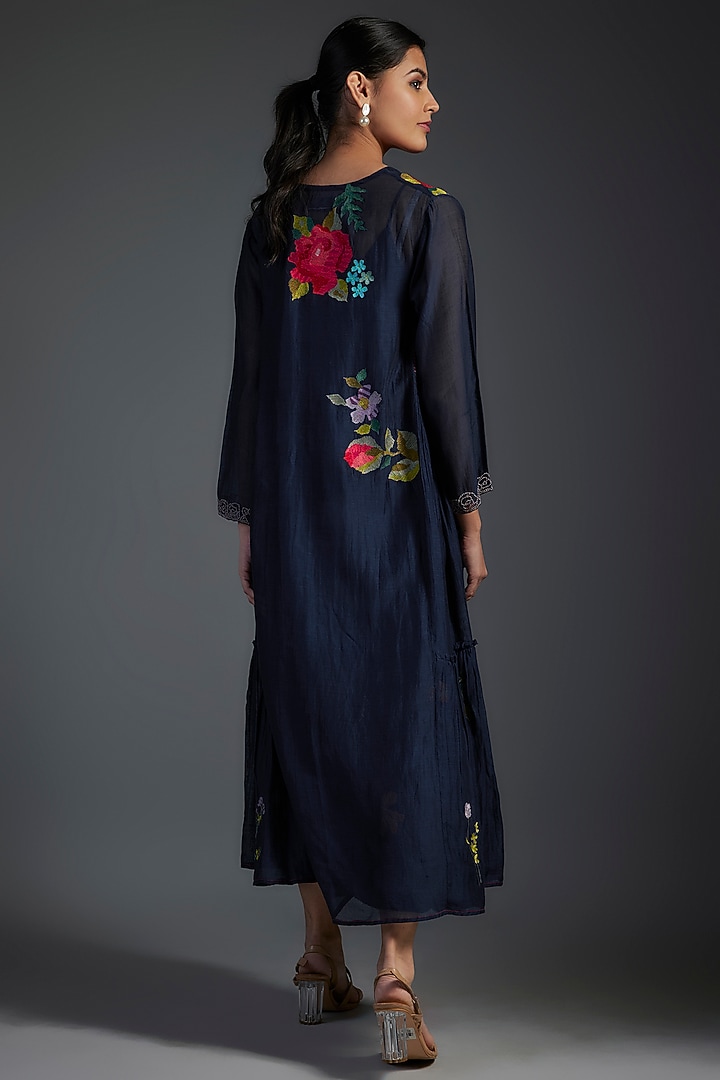 Blue Fine Chanderi Embroidered Midi Vacation Dress by Half Full Curve at Pernia's Pop Up Shop