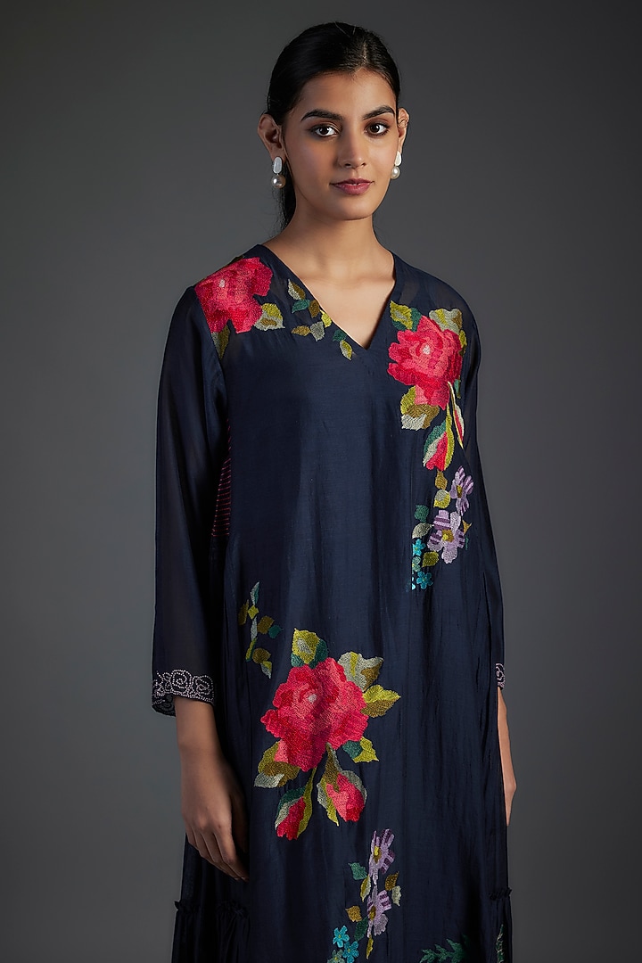 Blue Fine Chanderi Embroidered Midi Vacation Dress by Half Full Curve at Pernia's Pop Up Shop