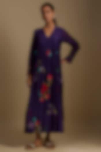 Purple Fine Chanderi Hand & Machine Embroidered Flared Cocktail Dress by Half Full Curve at Pernia's Pop Up Shop