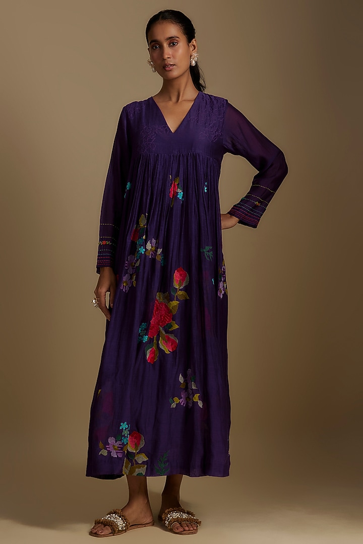 Purple Fine Chanderi Hand & Machine Embroidered Flared Cocktail Dress by Half Full Curve at Pernia's Pop Up Shop