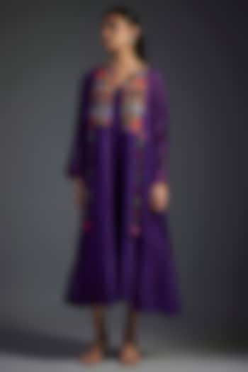 Purple Fine Chanderi Hand Embroidered Jacket Dress by Half Full Curve at Pernia's Pop Up Shop