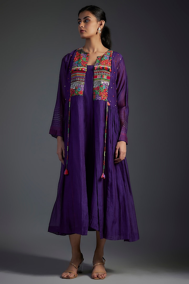 Purple Fine Chanderi Hand Embroidered Jacket Dress by Half Full Curve at Pernia's Pop Up Shop