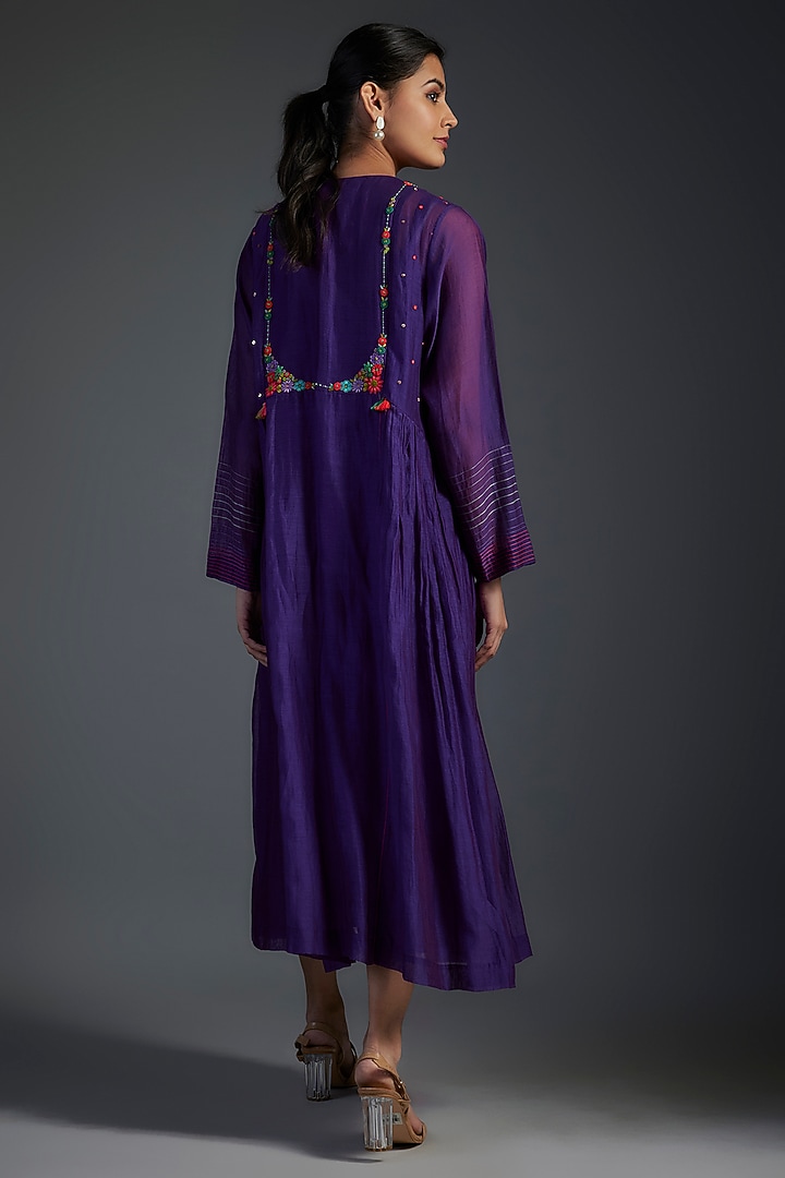 Purple Fine Chanderi Hand Embroidered Jacket Cocktail Dress by Half Full Curve at Pernia's Pop Up Shop