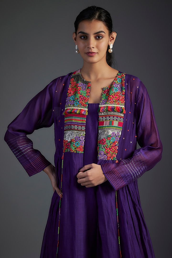 Purple Fine Chanderi Hand Embroidered Jacket Cocktail Dress by Half Full Curve at Pernia's Pop Up Shop