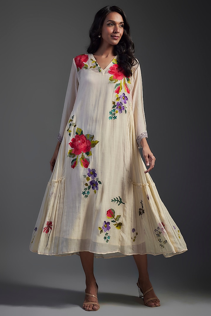 Ivory Fine Chanderi Embroidered Midi Dress by Half Full Curve at Pernia's Pop Up Shop