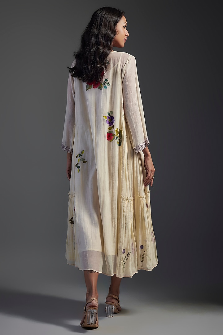 Ivory Fine Chanderi Embroidered Midi Vacation Dress by Half Full Curve at Pernia's Pop Up Shop