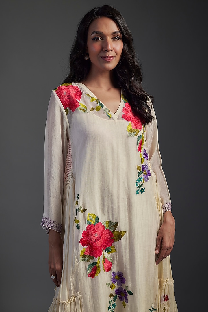 Ivory Fine Chanderi Embroidered Midi Vacation Dress by Half Full Curve at Pernia's Pop Up Shop