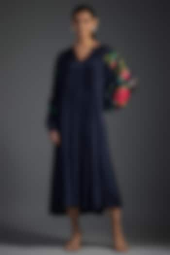 Blue Crepe Chiffon Hand Embroidered Pleated Dress by Half Full Curve at Pernia's Pop Up Shop