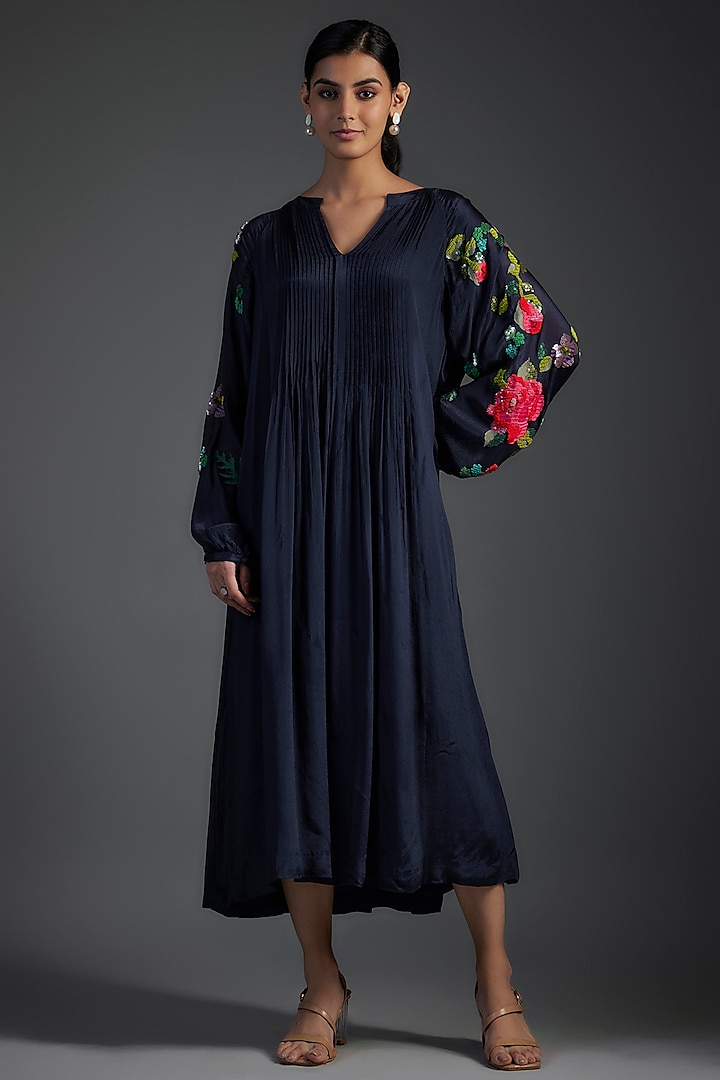 Blue Crepe Chiffon Hand Embroidered Pleated Dress by Half Full Curve at Pernia's Pop Up Shop