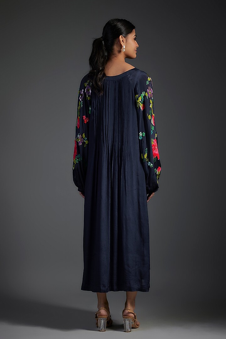 Blue Crepe Chiffon Hand Embroidered Pleated Vacation Dress by Half Full Curve at Pernia's Pop Up Shop
