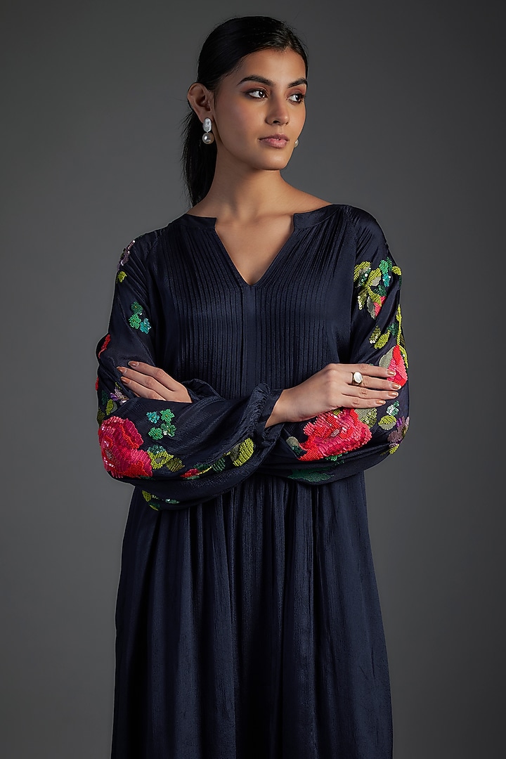 Blue Crepe Chiffon Hand Embroidered Pleated Vacation Dress by Half Full Curve at Pernia's Pop Up Shop