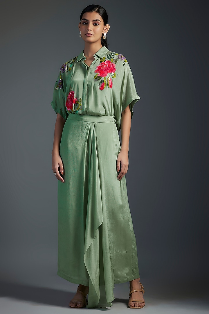 Green Crepe Chiffon Skirt Set by Half Full Curve at Pernia's Pop Up Shop