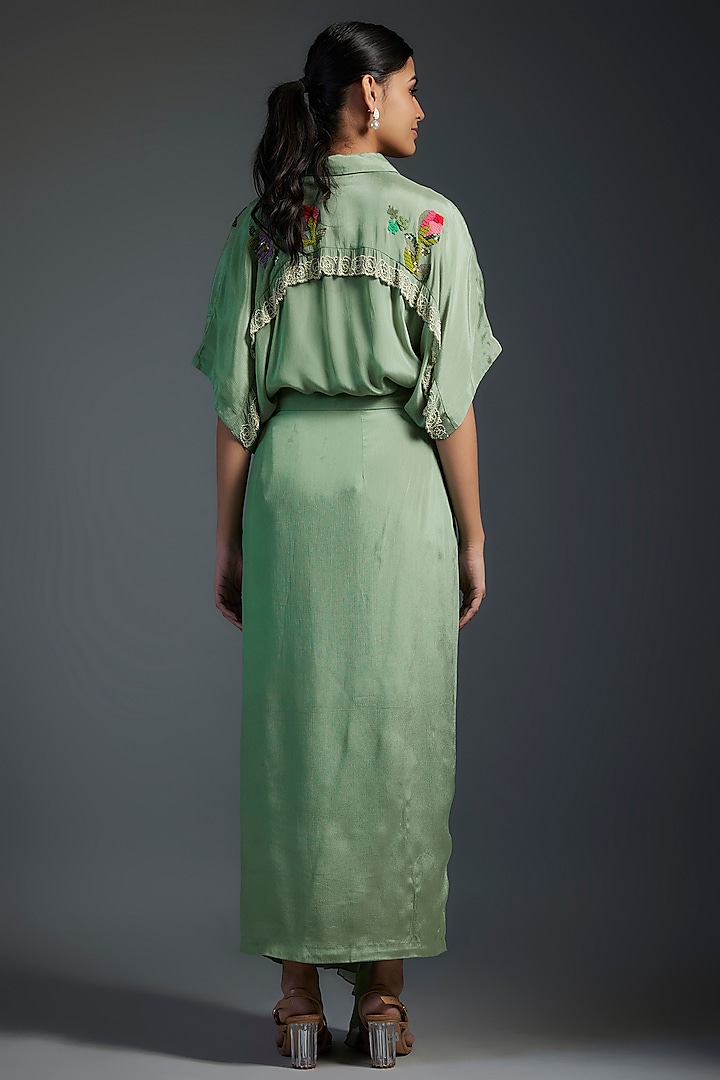 Green Crepe Chiffon Skirt Set by Half Full Curve at Pernia's Pop Up Shop