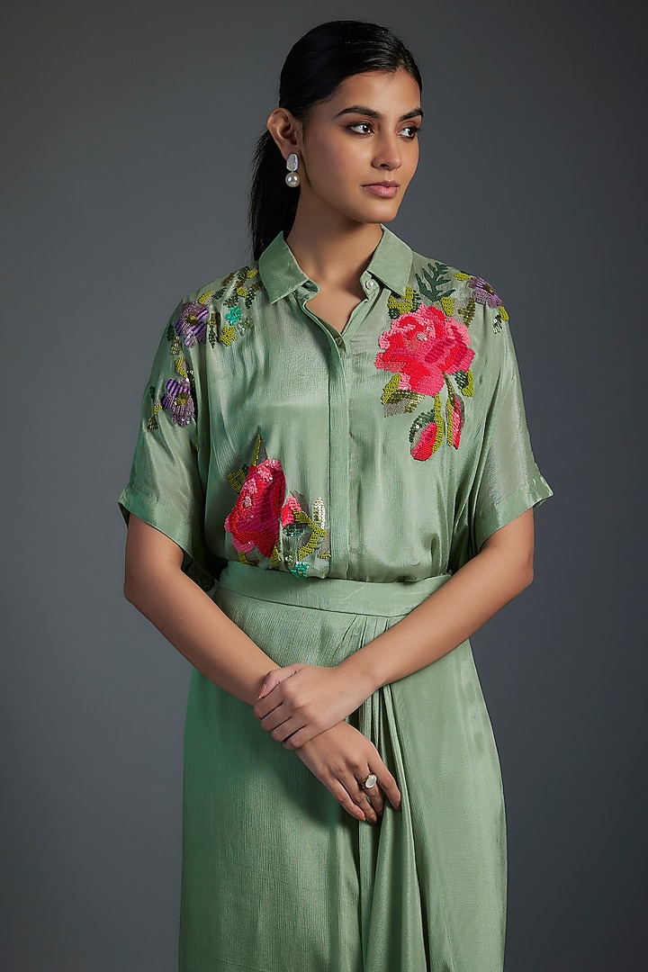 Green Crepe Chiffon Skirt Set by Half Full Curve at Pernia's Pop Up Shop