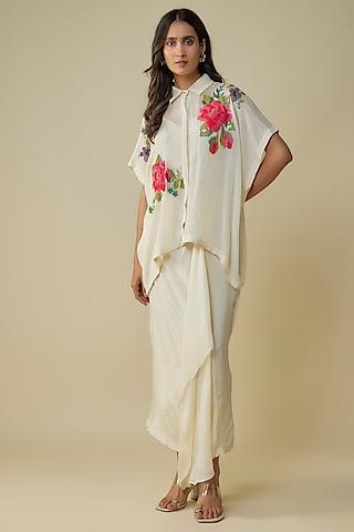 Ivory Crepe Chiffon Skirt Set by Half Full Curve