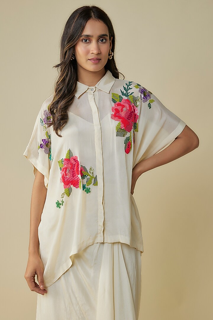 Ivory Crepe Chiffon Skirt Set by Half Full Curve at Pernia's Pop Up Shop