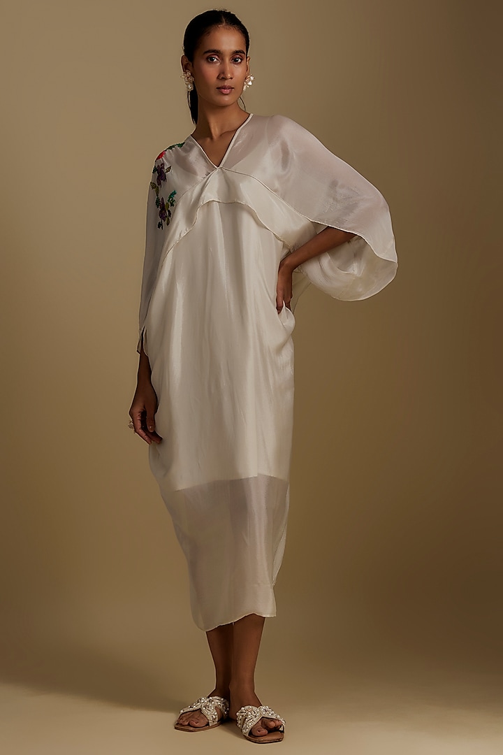 Ivory Crepe Chiffon Hand Embroidered Midi Vacation Dress by Half Full Curve at Pernia's Pop Up Shop