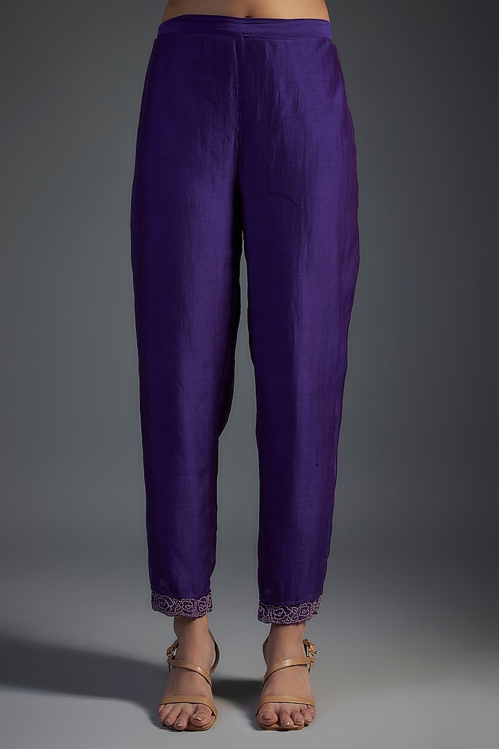 Purple Fine Chanderi Hand Embroidered Kurta Set by Half Full Curve at Pernia's Pop Up Shop