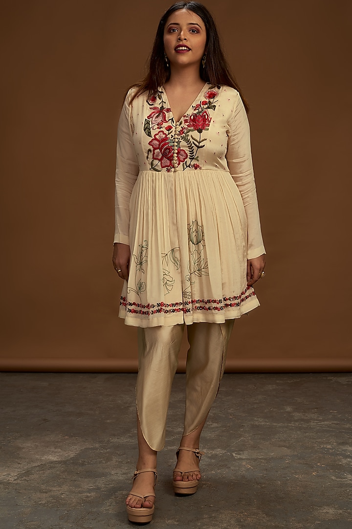 Ecru Embroidered Top With Pants by Half Full Curve