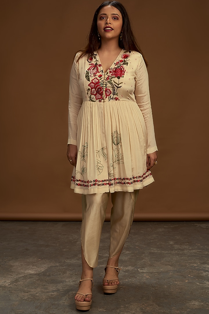 Ecru Embroidered Top With Pants by Half Full Curve at Pernia's Pop Up Shop
