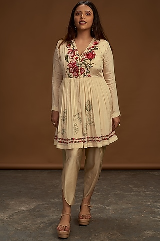 Ecru Embroidered Top With Pants by Half Full Curve