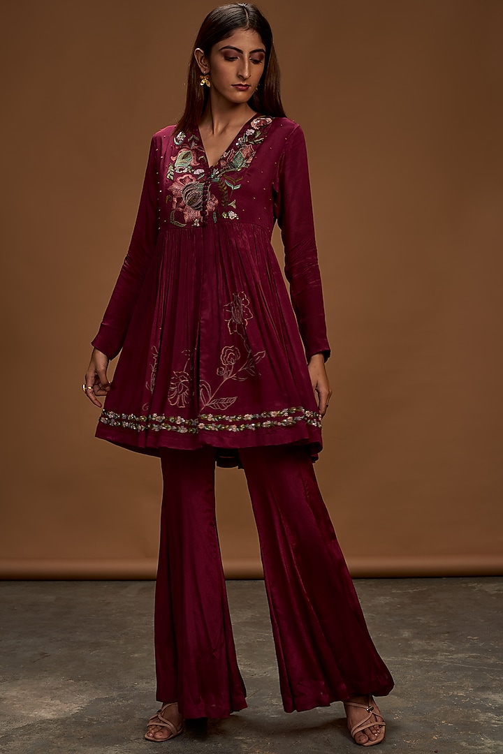 Plum Embroidered Top With Pants by Half Full Curve