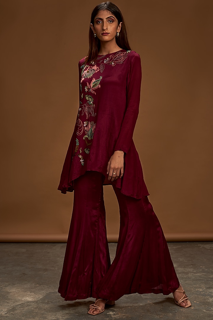 Plum Embroidered Tunic With Pants by Half Full Curve