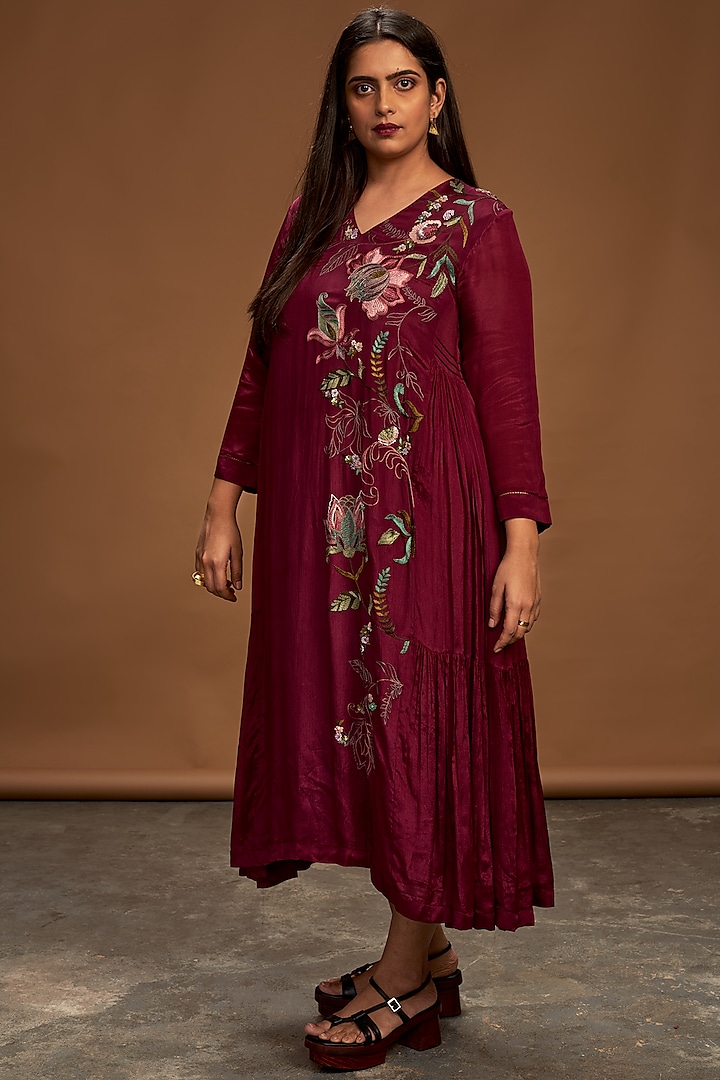 Plum Hand Embroidered Tunic by Half Full Curve
