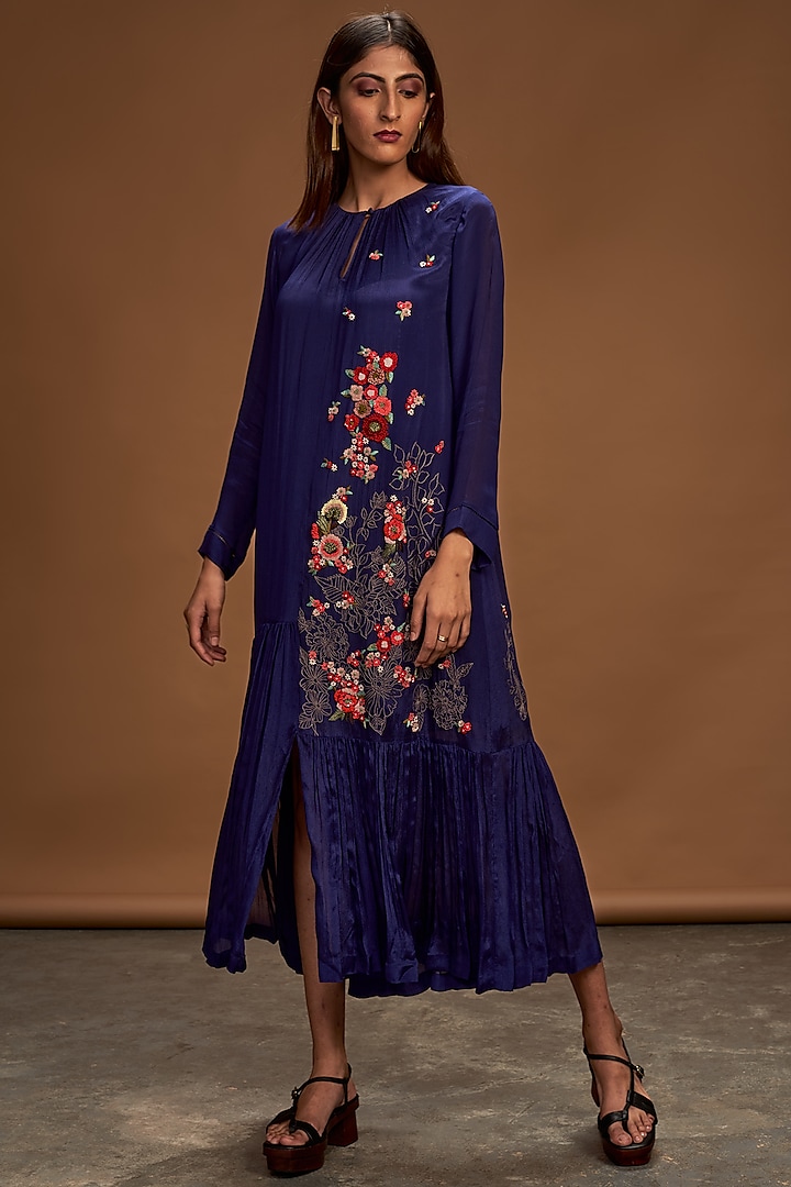 Navy Blue Embroidered Tunic by Half Full Curve
