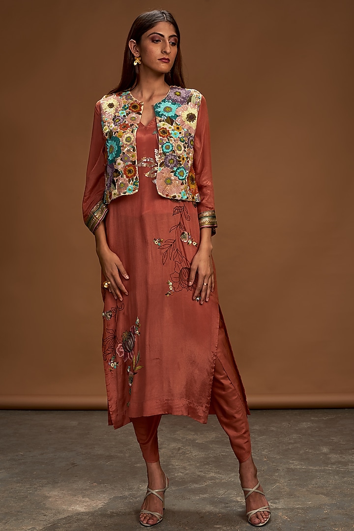 Multi Colored & Rust Embroidered Jacket Set by Half Full Curve
