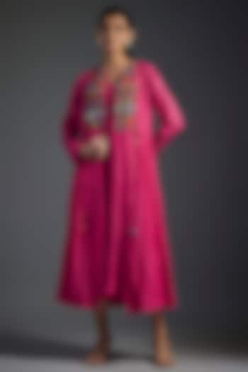 Pink Fine Chanderi Hand Embroidered Jacket Dress by Half Full Curve at Pernia's Pop Up Shop