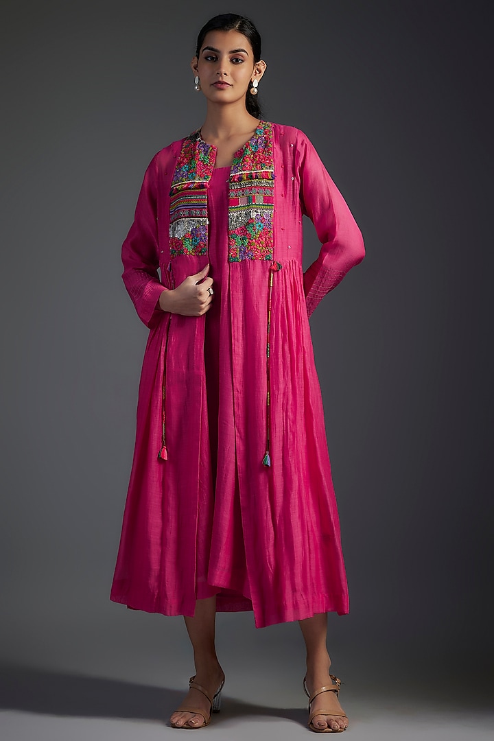 Pink Fine Chanderi Hand Embroidered Jacket Dress by Half Full Curve at Pernia's Pop Up Shop