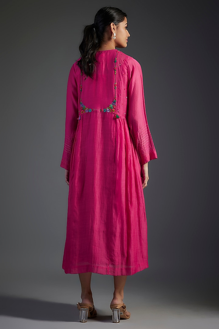 Pink Fine Chanderi Hand Embroidered Jacket Cocktail Dress by Half Full Curve at Pernia's Pop Up Shop