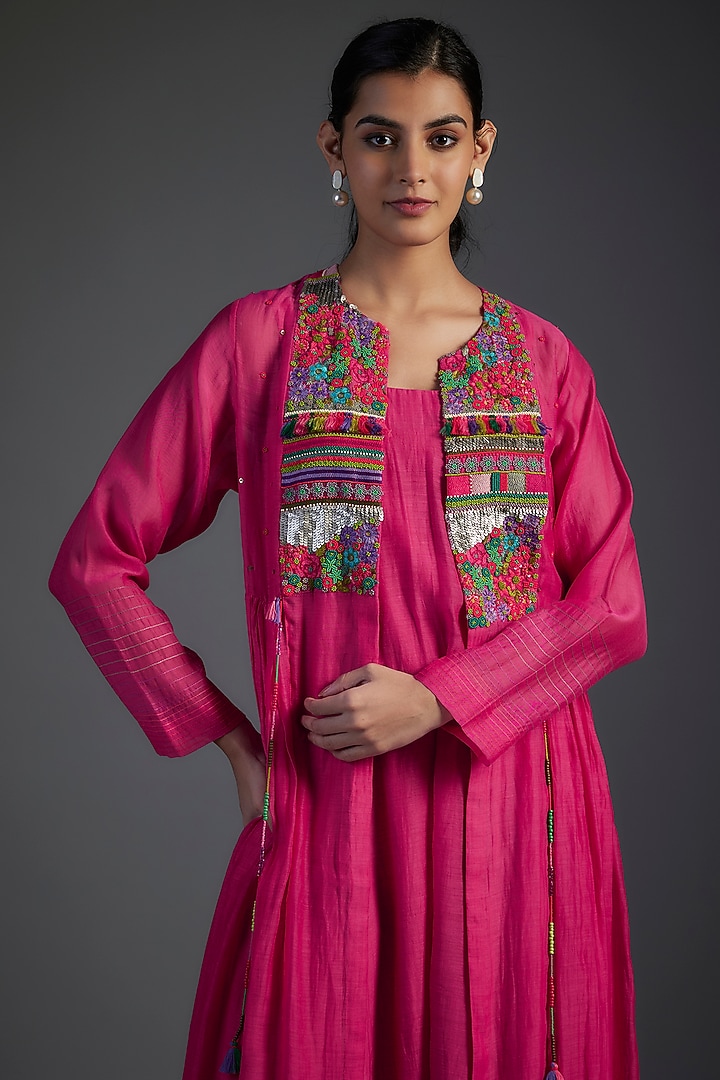 Pink Fine Chanderi Hand Embroidered Jacket Cocktail Dress by Half Full Curve at Pernia's Pop Up Shop