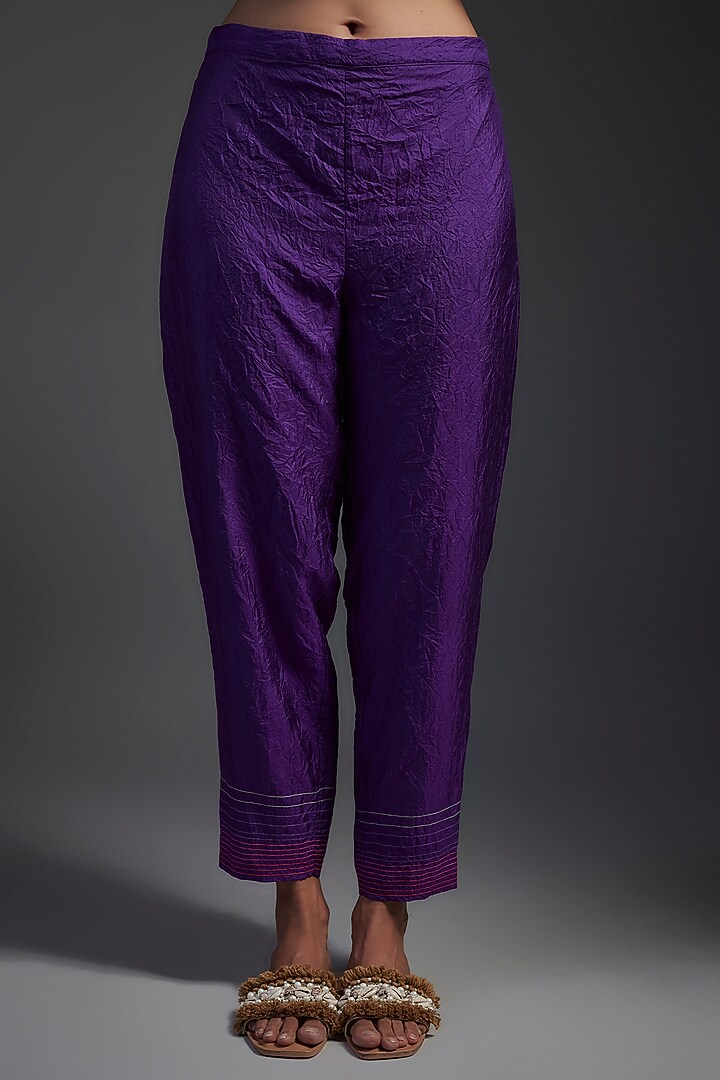 Purple Pure Silk Hand Embroidered Kurta Set by Half Full Curve at Pernia's Pop Up Shop