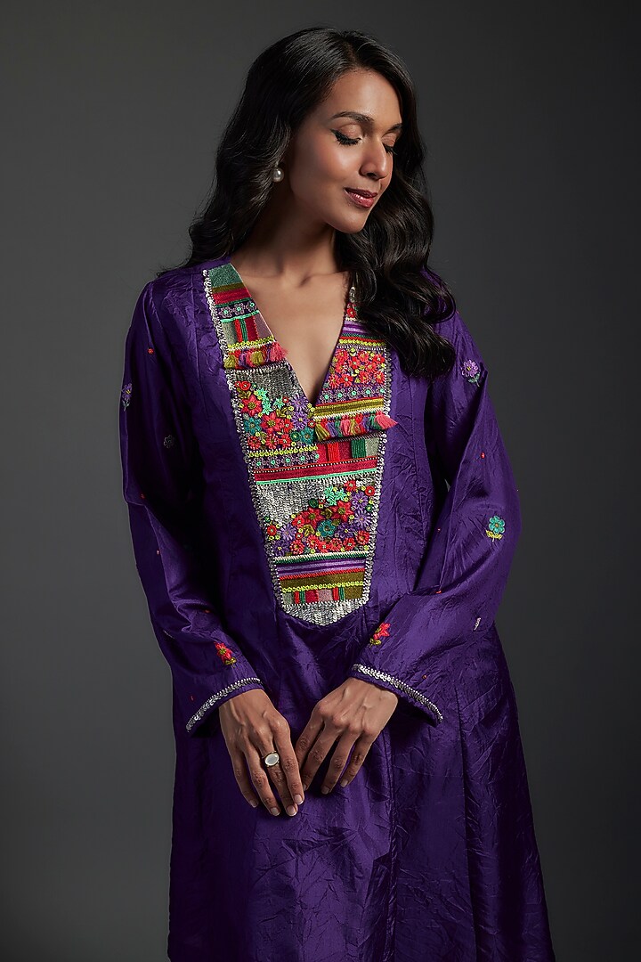 Purple Pure Silk Hand Embroidered Kurta Set by Half Full Curve at Pernia's Pop Up Shop