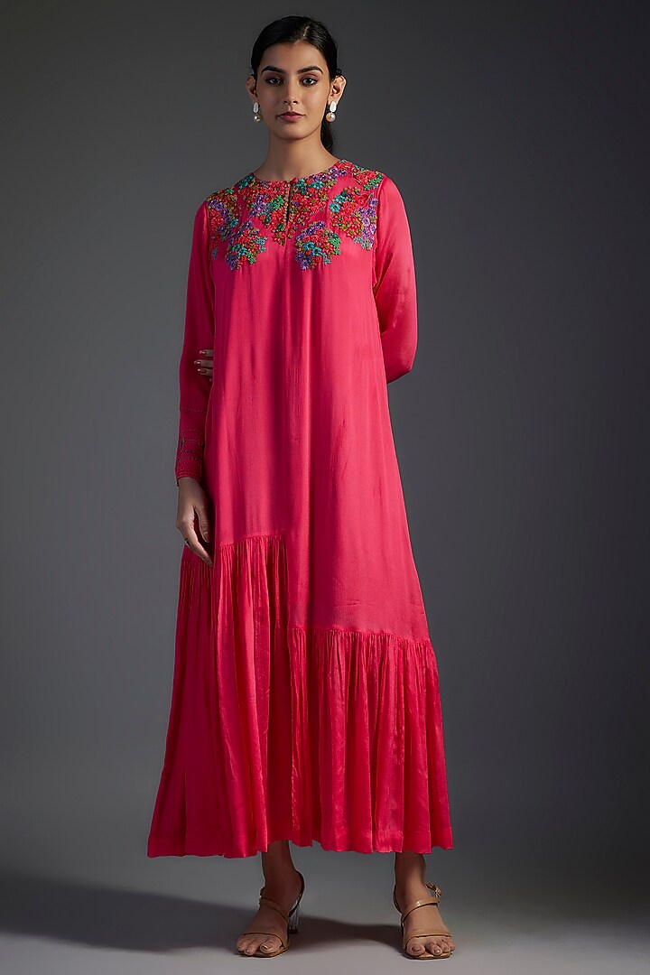 Pink Crepe Chiffon Hand Embroidered Vacation Dress by Half Full Curve at Pernia's Pop Up Shop