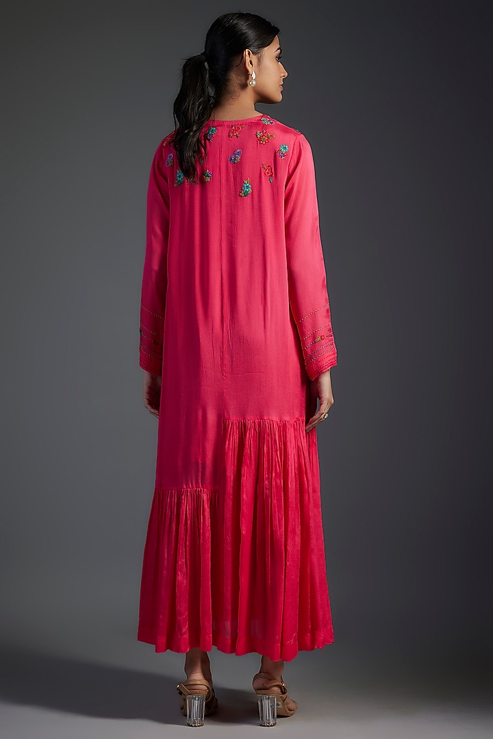Pink Crepe Chiffon Hand Embroidered Vacation Dress by Half Full Curve at Pernia's Pop Up Shop