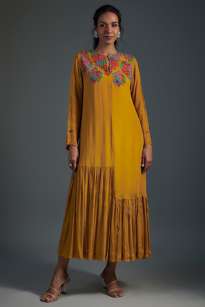 Yellow Crepe Chiffon Hand Embroidered Dress by Half Full Curve at Pernia's Pop Up Shop