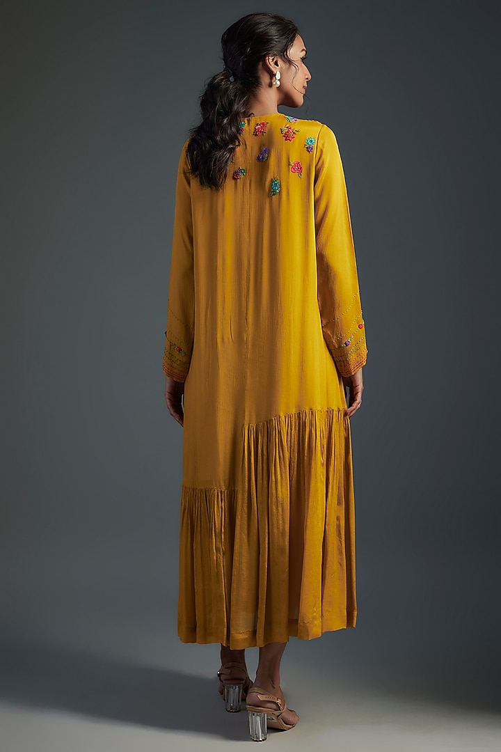 Yellow Crepe Chiffon Hand Embroidered Vacation Dress by Half Full Curve at Pernia's Pop Up Shop