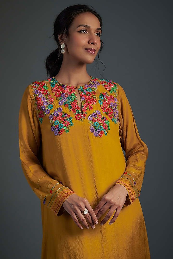 Yellow Crepe Chiffon Hand Embroidered Vacation Dress by Half Full Curve at Pernia's Pop Up Shop