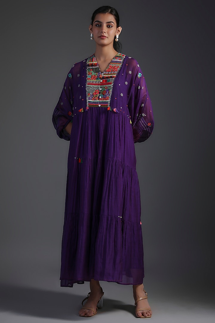 Purple Fine Chanderi Hand Embroidered Vacation Dress by Half Full Curve at Pernia's Pop Up Shop