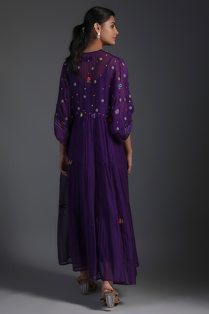 Purple Fine Chanderi Hand Embroidered Vacation Dress by Half Full Curve at Pernia's Pop Up Shop