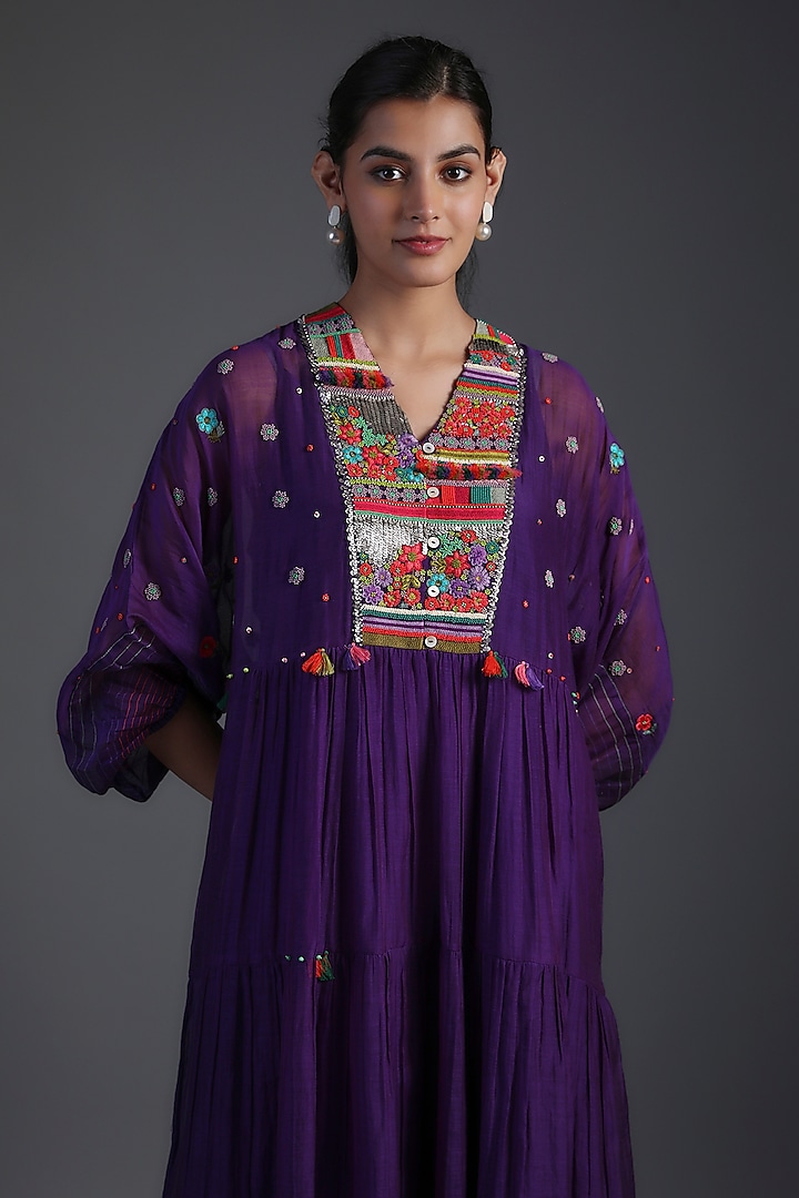 Purple Fine Chanderi Hand Embroidered Dress by Half Full Curve at Pernia's Pop Up Shop