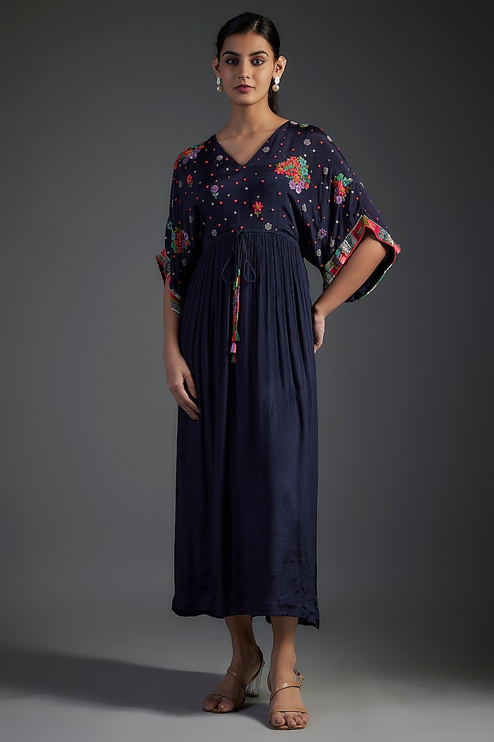 Blue Crepe Chiffon Hand Embroidered Dress by Half Full Curve at Pernia's Pop Up Shop