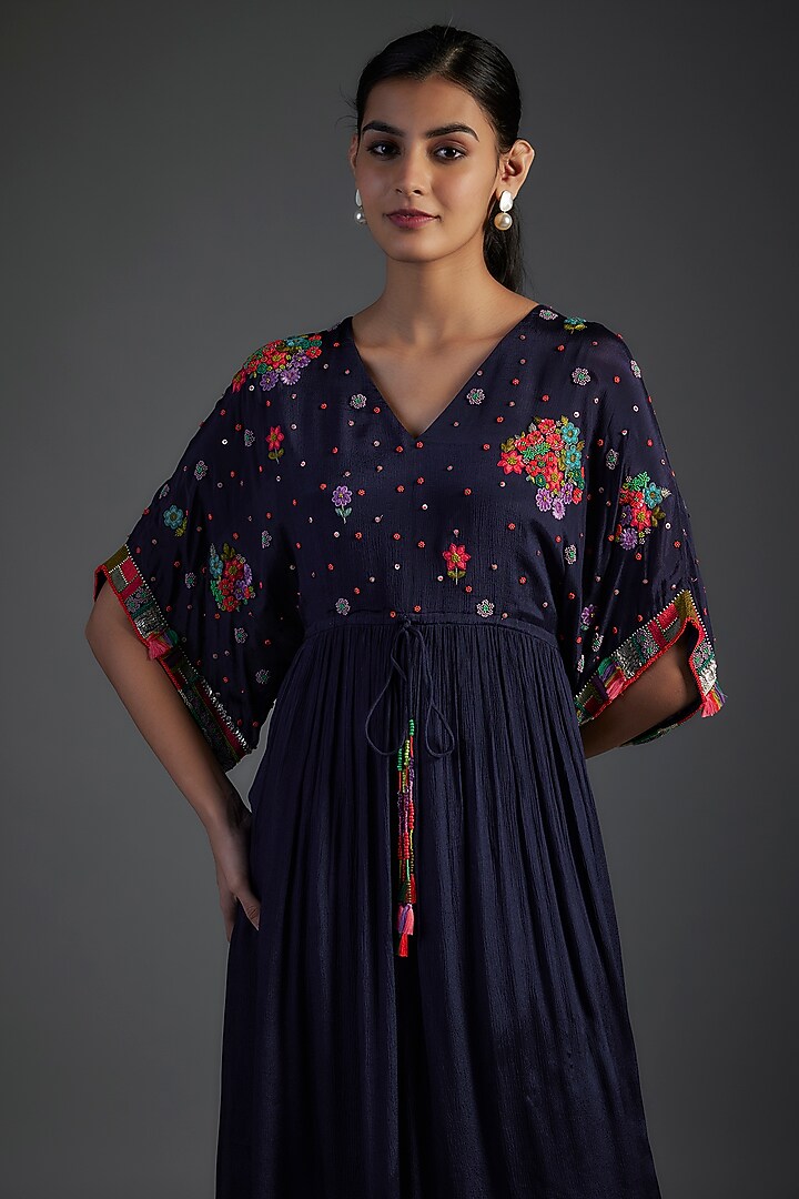 Blue Crepe Chiffon Hand Embroidered Vacation Dress by Half Full Curve at Pernia's Pop Up Shop