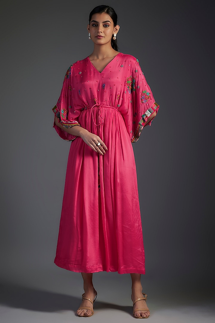Pink Crepe Chiffon Hand Embroidered Vacation Dress by Half Full Curve at Pernia's Pop Up Shop