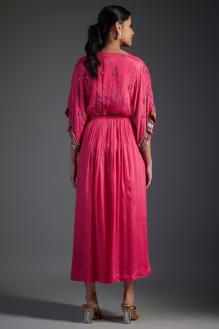 Pink Crepe Chiffon Hand Embroidered Vacation Dress by Half Full Curve at Pernia's Pop Up Shop