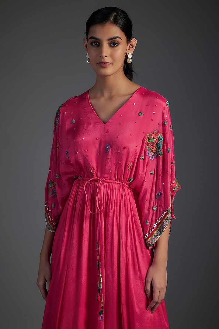 Pink Crepe Chiffon Hand Embroidered Dress by Half Full Curve at Pernia's Pop Up Shop